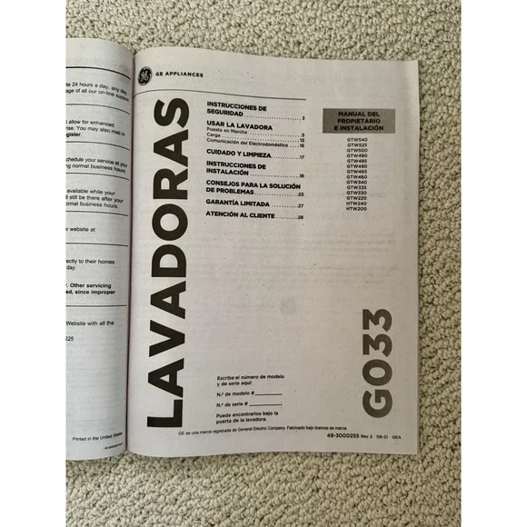 GE Profile Washer G033 Paper Owner's Manual & Installation Instructions - Picture 4 of 4